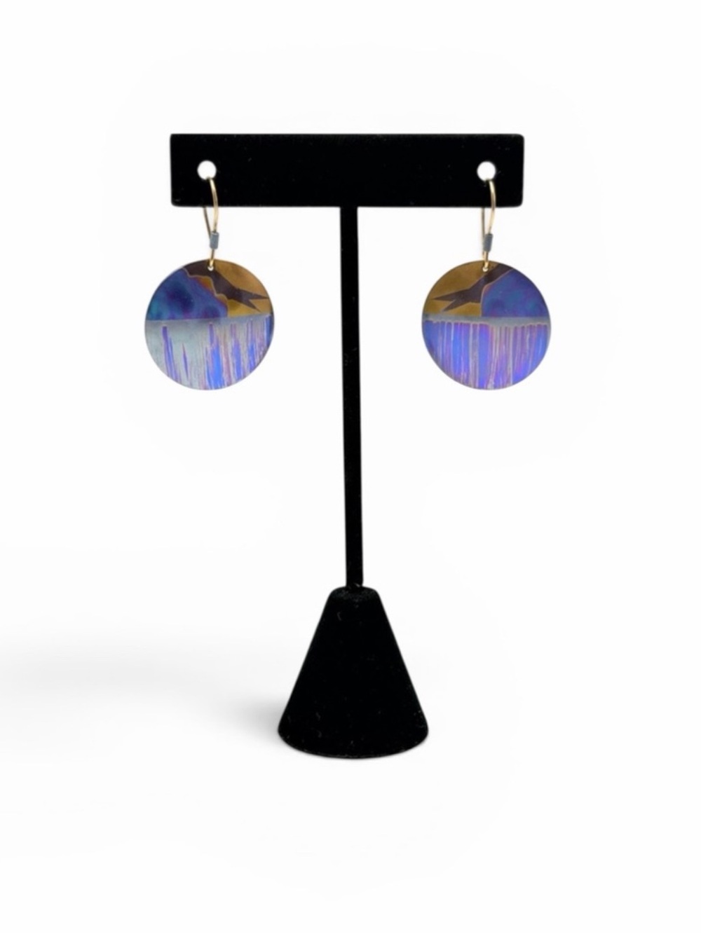 Holly Yashi Niobium Disc Earrings Multicolor Drop Dangle 1” Signed Purple Blue